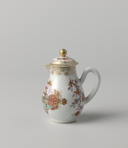 Pear-shaped milk jug with Europeans in a landscape and two flower sprays by anonymous