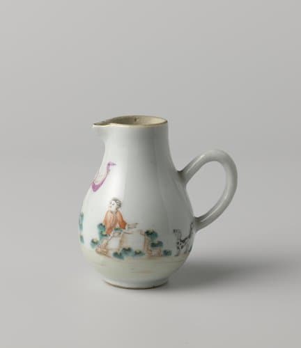 Pear-shaped milkjug with two women, a man and boy with a dog in a landscape by anonymous