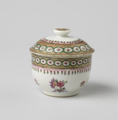 Covered jar with bouquets, scattered flowers and ornamental borders by anonymous