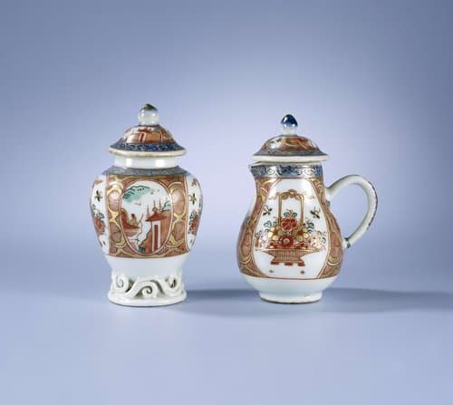 Milk jug with flower basket and water landscape in panels by anonymous