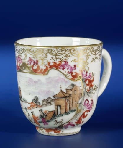Cup with handle with a European waterlandscape in a panel by anonymous