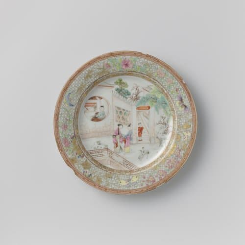 Plate with figures in a walled garden with cranes by anonymous
