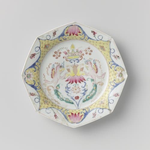 Octagonal plate with a crowned lotus with birds and floral scrolls by anonymous