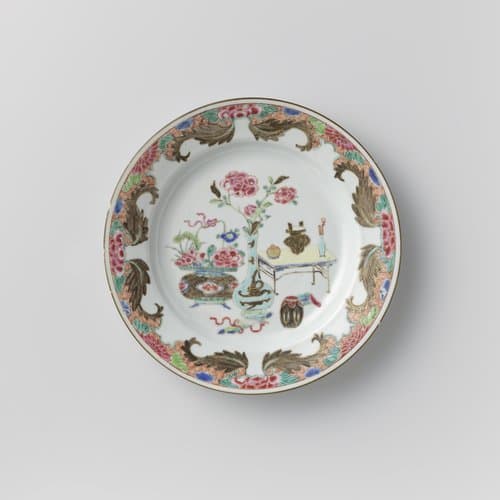 Plate with precious objects and foliate scrolls by anonymous