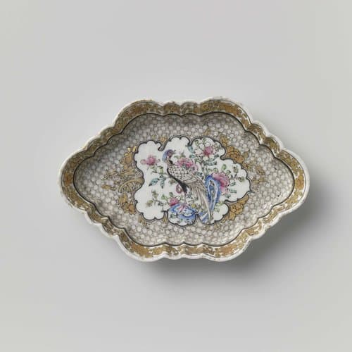 Spoon tray with a pheasant on a rock and flower scrolls by anonymous