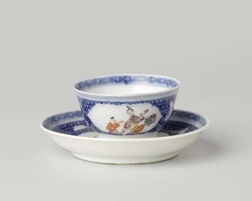 Bell-shaped cup and saucer with two women and a boy with butterflies and flower sprays by anonymous