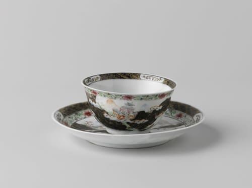 Bell-shaped cup and saucer with a mountainous landscape with pavilion, river and trees by anonymous