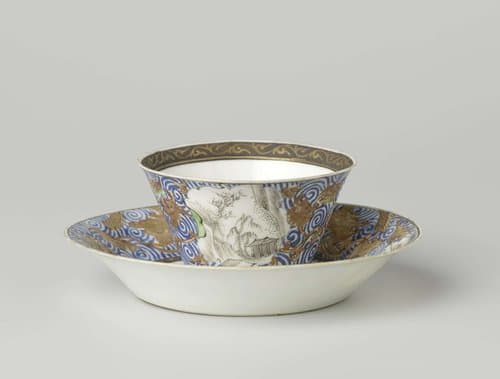 Cup and saucer with landscapes and dragons amid scrollwork by anonymous