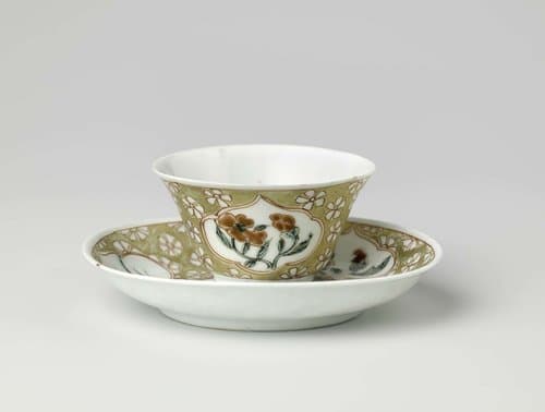 Cup and saucer with a farmer and flowering plants in panels by anonymous