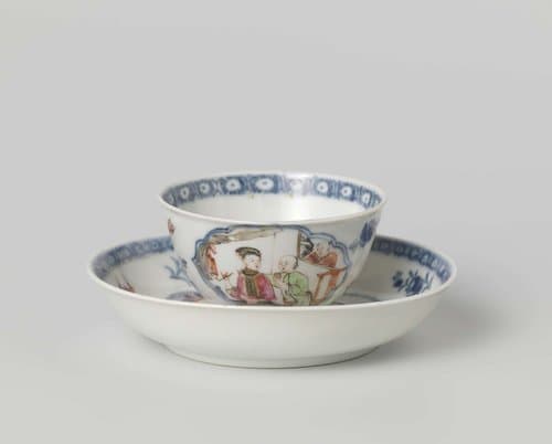 Bell-shaped cup and saucer with a man and woman in an interior in a scalloped panel by anonymous