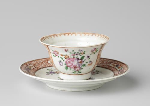 Bell-shaped cup and saucer with bouquets and floral scrolls on a diaper-patters ground by anonymous