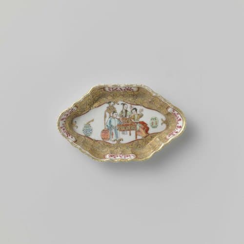 Spoon tray with handle with three women in a panel on a ground of scrolls by anonymous