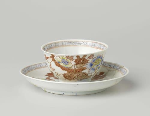 Bell-shaped cup and saucer with a flower basket by anonymous