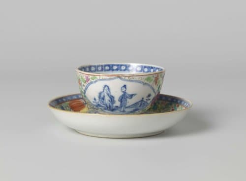 Straight-sided cup and saucer with two women in a fenced garden and flower scrolls by anonymous