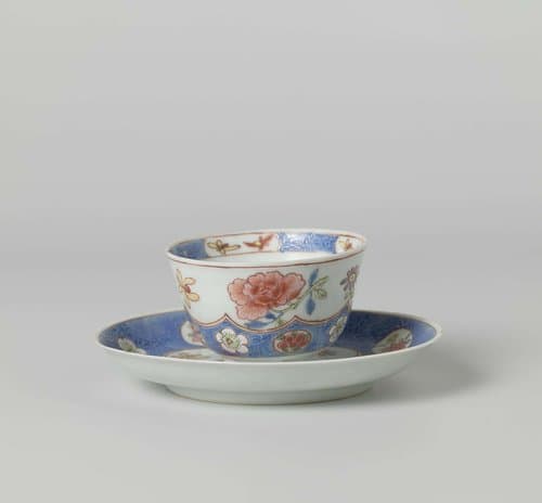 Cup and saucer with incised lotus scrolls and flowersprays in cartouches by anonymous