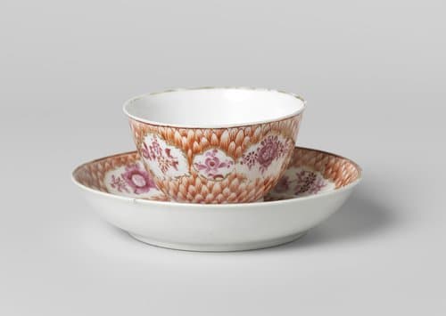 Bell-shaped cup and saucer with flower sprays in panels on a feather of scale ground by anonymous