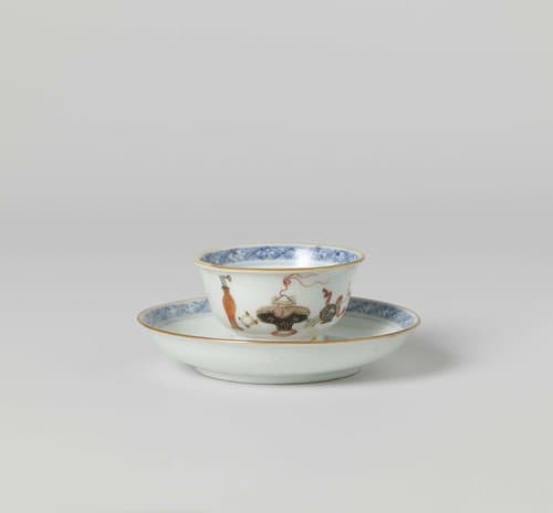 Bell-shaped cup and saucer with antiquities and diaper pattern by anonymous