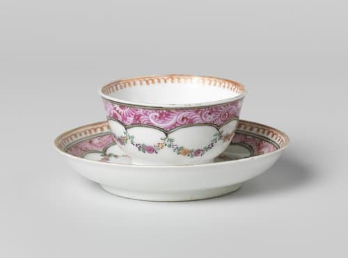 Bell-shaped cup and saucer with a flower group and garlands by anonymous