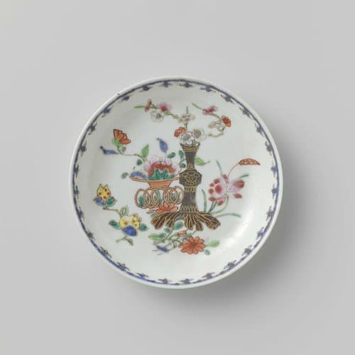 Saucer with flowerbasket and vase by anonymous