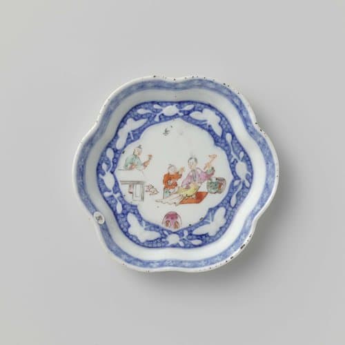 Teapot stand with two women and a boy with butterflies and flower sprays by anonymous