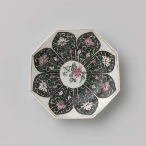Hexagonal saucer with petal-shaped panels with flower scrolls by anonymous