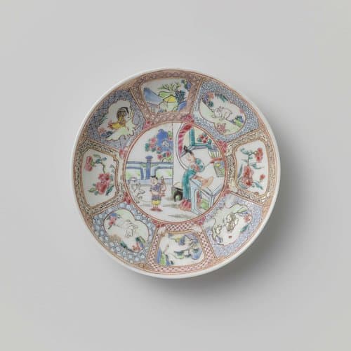 Saucer with woman and boy near a pavilion and panel decoration with landscapes by anonymous