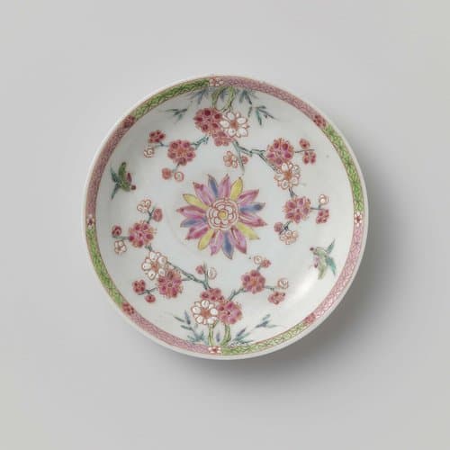 Saucer with stylized flower, prunus trees and birds by anonymous