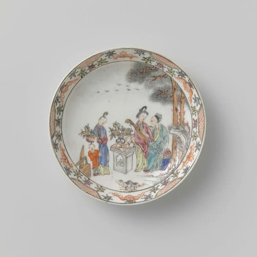 Saucer with three women and a boy in a garden by anonymous