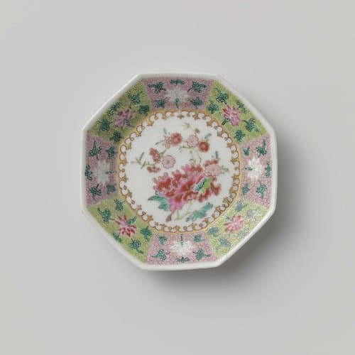 Octagonal saucer with peony spray and lotus scrolls by anonymous
