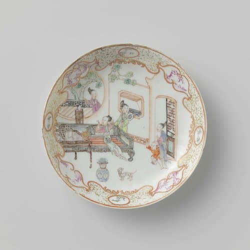 Saucer with four women and a boy in an interior by anonymous