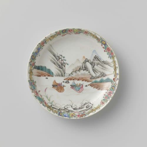 Saucer with two swimming ducks in a mountain landscape by anonymous