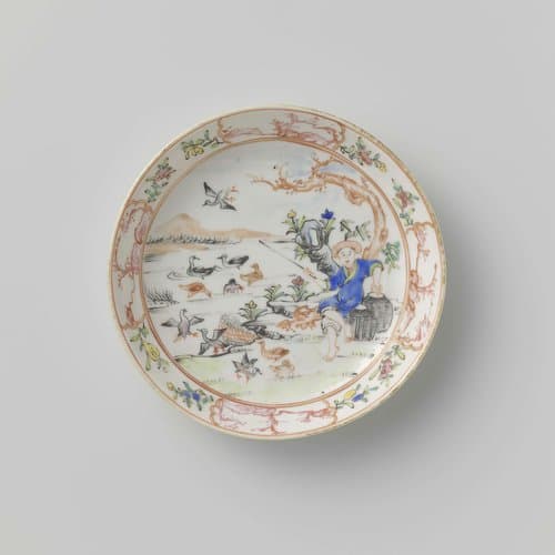 Saucer with a seated fisherman in a landscape with ducks by anonymous