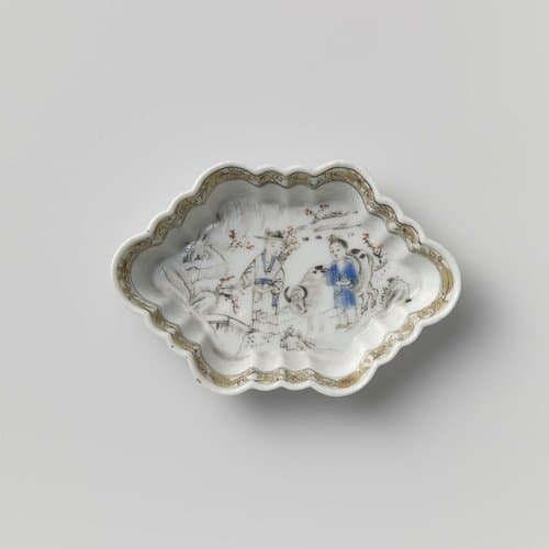 Spoon tray with two schepherds with an ox in a water landscape by anonymous