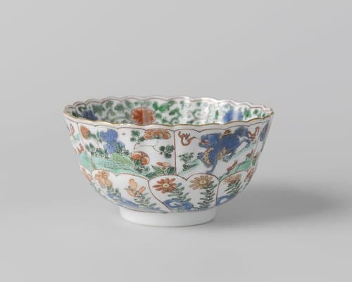 bowl with a pheasant, flowering plants and mythological animals by anonymous