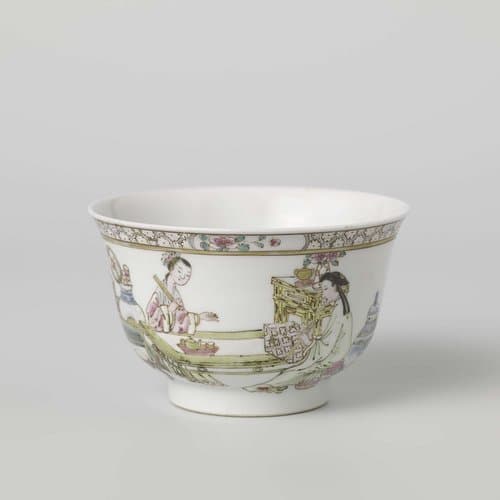 Bell-shaped cup with two women at a table surrounded by objects by anonymous
