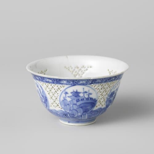 Bell-shaped bowl with pierced sides and water landscapes in medallions by anonymous