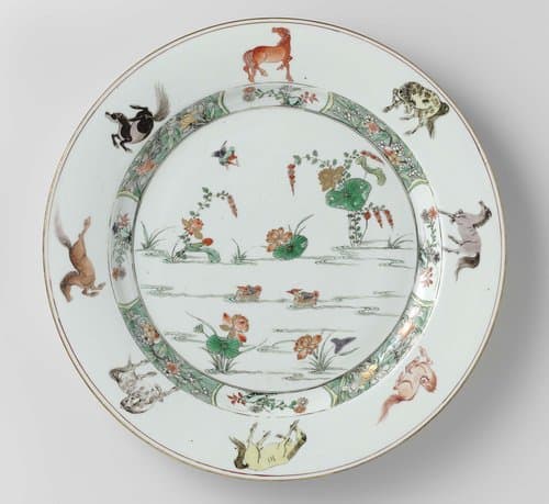 Dish with a pond, horses and flower sprays by anonymous
