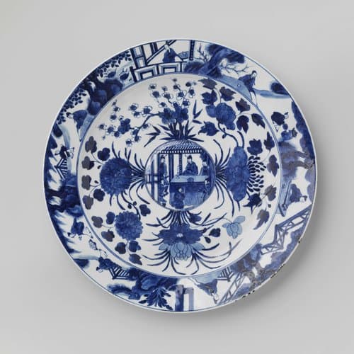 Dish with flower sprays and figures in an interior and in a landscape by anonymous