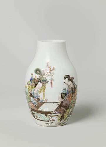 Two vases and a saucer depicting a man and a woman playing a game of go by anonymous
