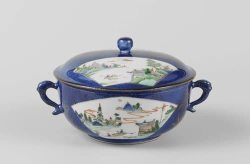 Covered bowl with powder blue and river landscapes by anonymous