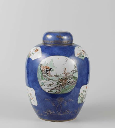 Ovoid covered jar with powder blue and panels in reserve with lanscape by anonymous
