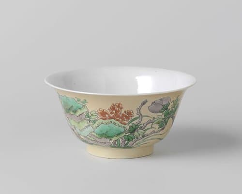 Bell-shaped bowl with onderglaze light brown with rocks and flower by anonymous