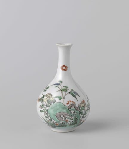 Bottle vase with flowering plants near a rock by anonymous