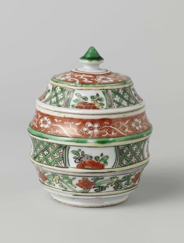 Barrel-shaped covered jar with flower scrolls and geometric patterns by anonymous
