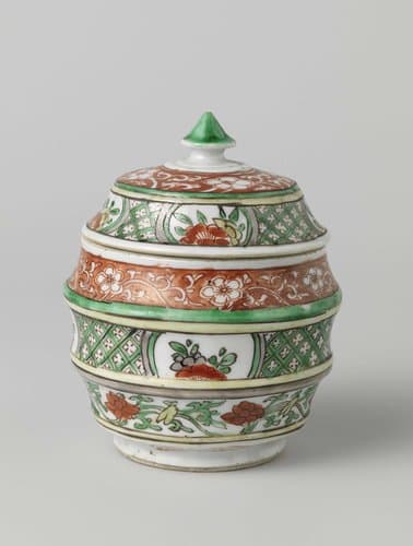 Barrel-shaped covered jar with flower scrolls and geometric patterns by anonymous
