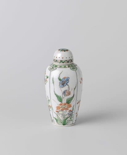 Ovoid covered jar with flowering plants in panels by anonymous