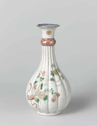 Pear-shaped, lobed vase with two bouquets and flower scrolls by anonymous