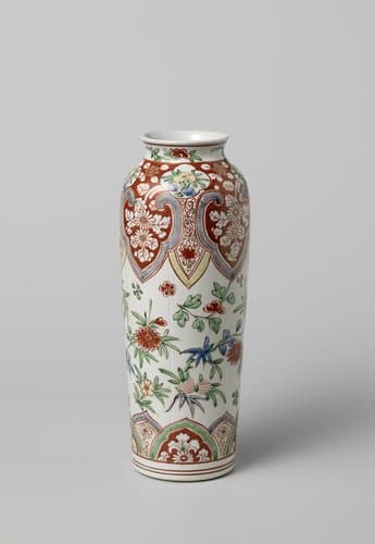 Cilindrical vase with flower sprays and scrolls in shaped panels by anonymous