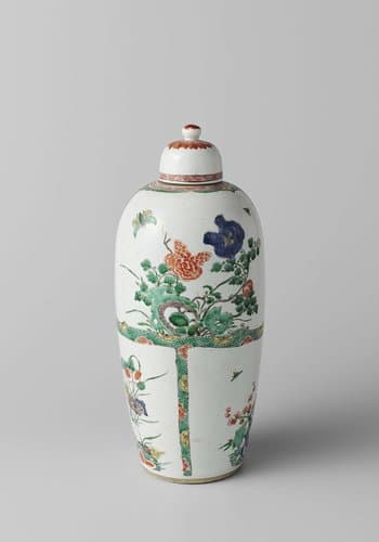 Ovoid covered jar with flowering plants in panels by anonymous