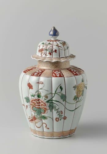 Lobed covered jar with two bouquets and flower scrolls by anonymous